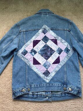 Patchwork Denim Jacket Womens 4 Blue Jean Cottagecore Quilt Art to Wear